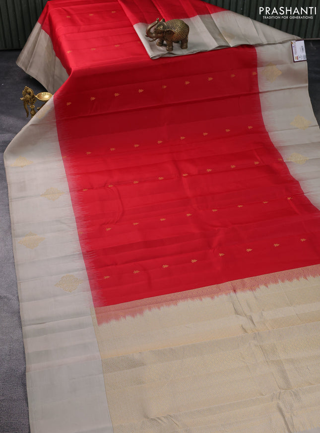 Pure kanchipuram silk saree red and grey shade with zari woven buttas and zari woven butta border