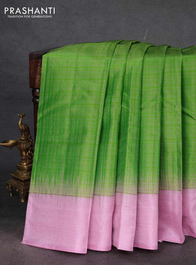 Pure kanchipuram silk saree green and pastel pink with allover thread woven checked pattern and simple border