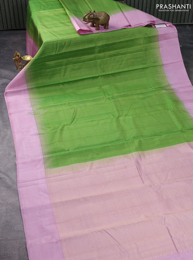 Pure kanchipuram silk saree green and pastel pink with allover thread woven checked pattern and simple border