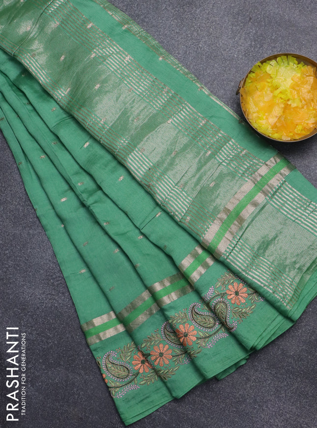 Semi chanderi saree green shade with zari woven buttas and embroidery border