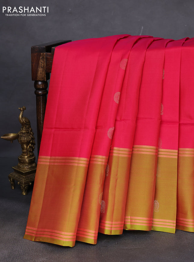 Kanchipuram soft silk saree pink and dual shade of greenish red with zari woven buttas and rettapet zari woven border