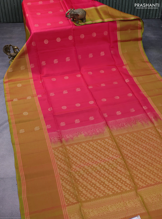 Kanchipuram soft silk saree pink and dual shade of greenish red with zari woven buttas and rettapet zari woven border
