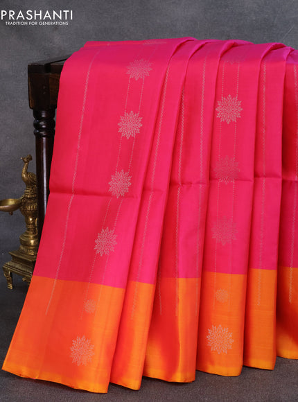 Kanchipuram soft silk saree pink and dual shade of mustard yellow with allover silver zari weaves and zari woven butta border