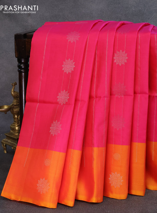 Kanchipuram soft silk saree pink and dual shade of mustard yellow with allover silver zari weaves and zari woven butta border