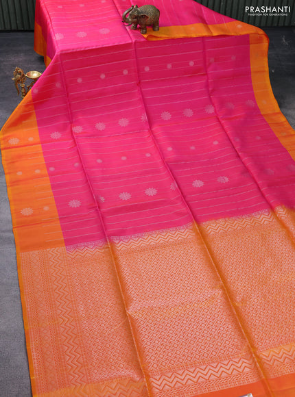 Kanchipuram soft silk saree pink and dual shade of mustard yellow with allover silver zari weaves and zari woven butta border