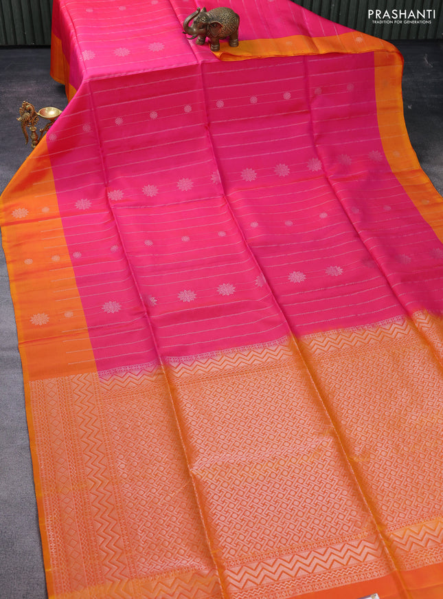 Kanchipuram soft silk saree pink and dual shade of mustard yellow with allover silver zari weaves and zari woven butta border