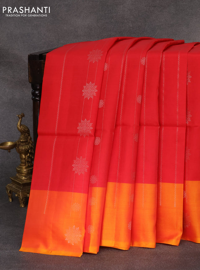 Kanchipuram soft silk saree red and dual shade of mustard yellow with zari woven buttas and zari woven butta border