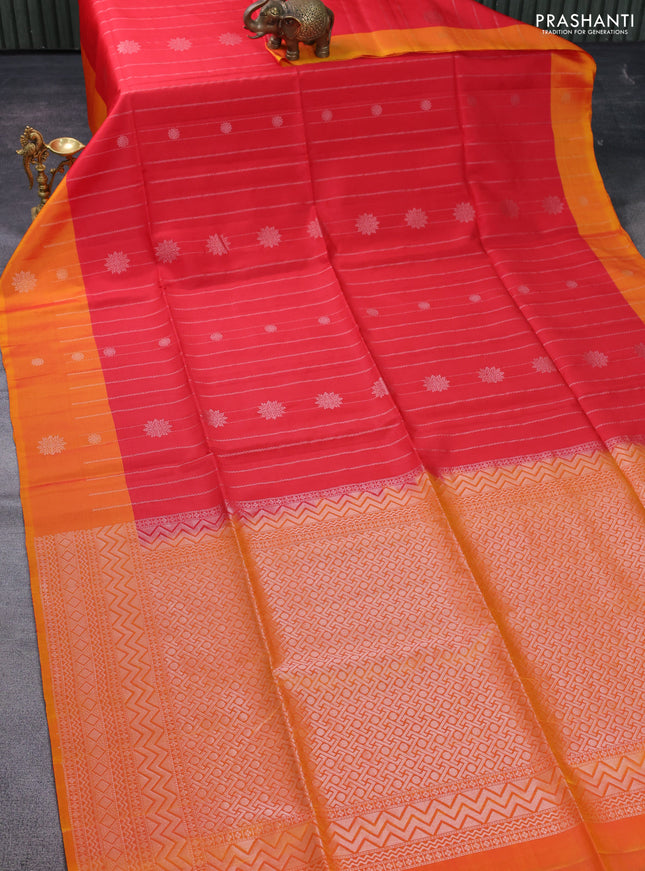 Kanchipuram soft silk saree red and dual shade of mustard yellow with zari woven buttas and zari woven butta border