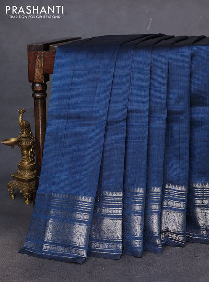 Mangalgiri silk cotton saree dark peacock blue with plain body and silver zari woven border