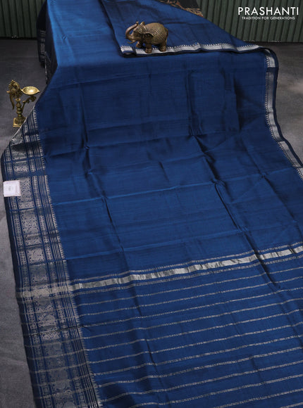 Mangalgiri silk cotton saree dark peacock blue with plain body and silver zari woven border