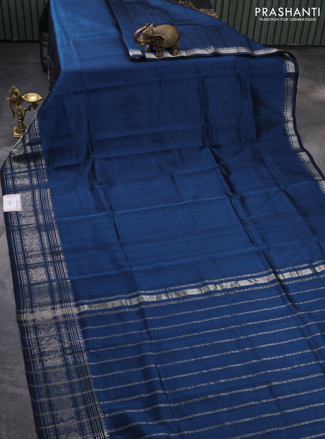 Mangalgiri silk cotton saree dark peacock blue with plain body and silver zari woven border