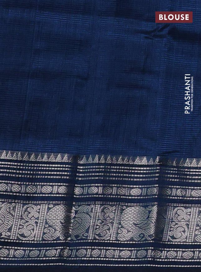 Mangalgiri silk cotton saree dark peacock blue with plain body and silver zari woven border