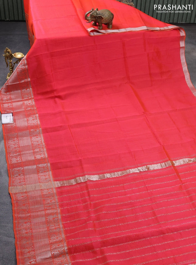 Mangalgiri silk cotton saree dual shade of reddish orange with plain body and silver zari woven border