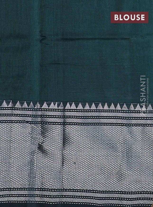 Mangalgiri silk cotton saree bottle green with plain body and long silver zari woven border