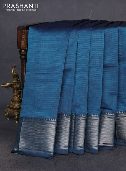 Mangalgiri silk cotton saree peacock blue with plain body and silver zari woven border