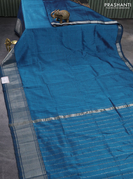 Mangalgiri silk cotton saree peacock blue with plain body and silver zari woven border