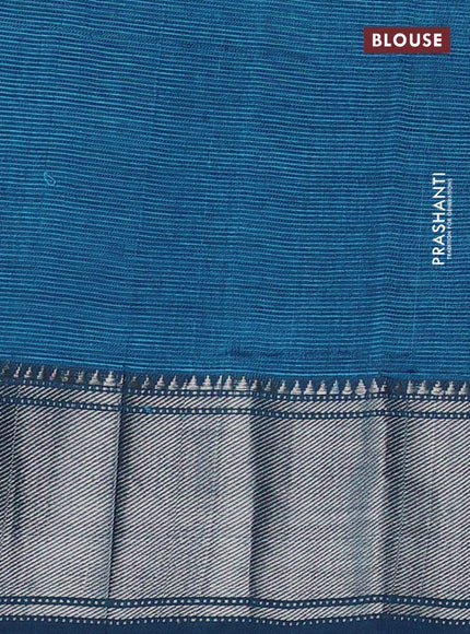 Mangalgiri silk cotton saree peacock blue with plain body and silver zari woven border