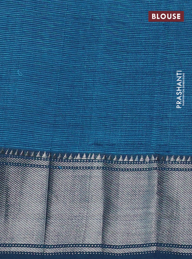 Mangalgiri silk cotton saree peacock blue with plain body and silver zari woven border