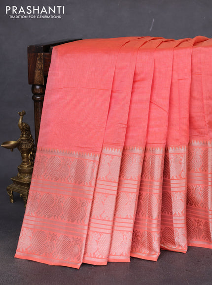 Mangalgiri silk cotton saree peach orange with plain body and long annam silver zari woven border