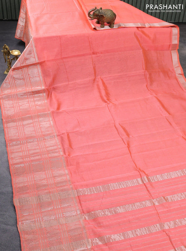 Mangalgiri silk cotton saree peach orange with plain body and long annam silver zari woven border