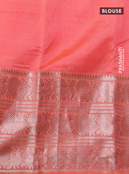 Mangalgiri silk cotton saree peach orange with plain body and long annam silver zari woven border