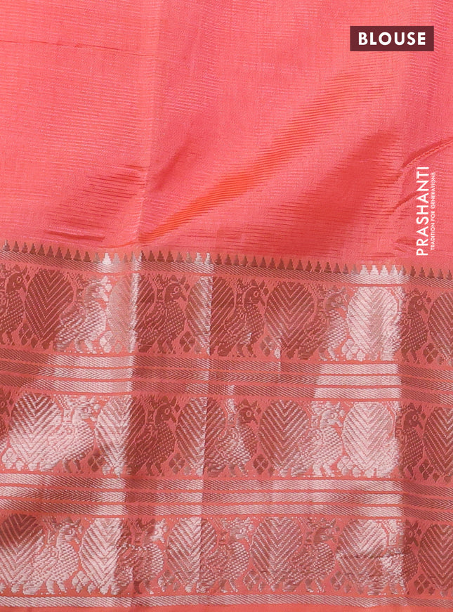 Mangalgiri silk cotton saree peach orange with plain body and long annam silver zari woven border