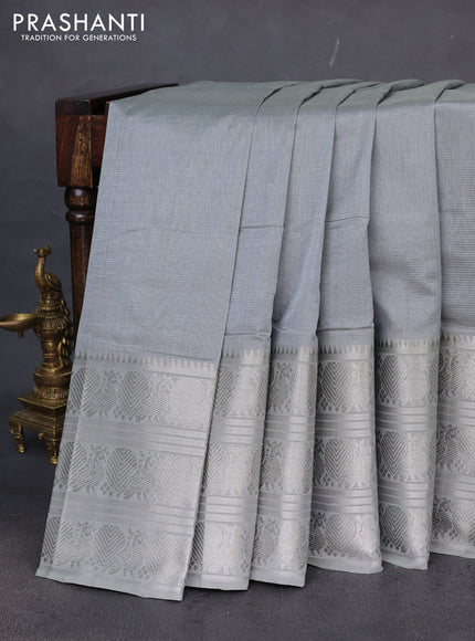 Mangalgiri silk cotton saree grey with plain body and long annam silver zari woven border