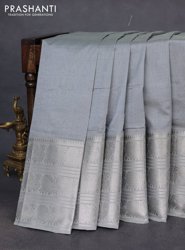 Mangalgiri silk cotton saree grey with plain body and long annam silver zari woven border
