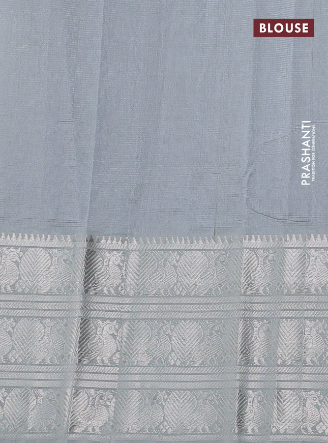 Mangalgiri silk cotton saree grey with plain body and long annam silver zari woven border