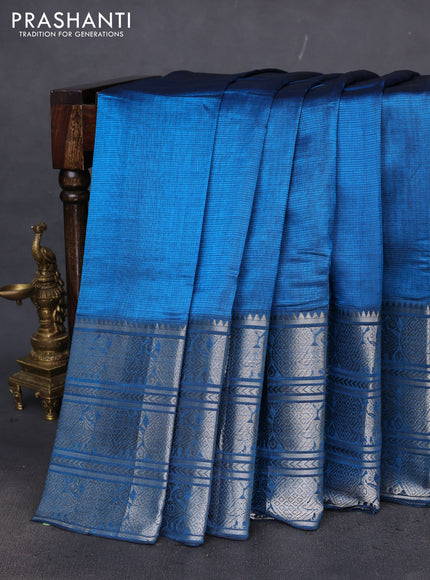 Mangalgiri silk cotton saree cs blue with plain body and long annam silver zari woven border