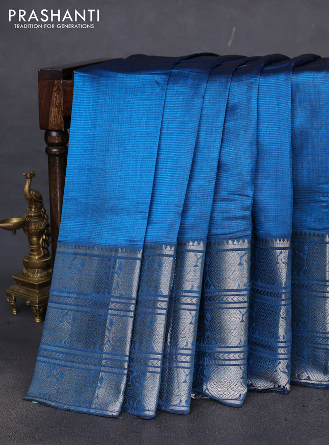 Mangalgiri silk cotton saree cs blue with plain body and long annam silver zari woven border