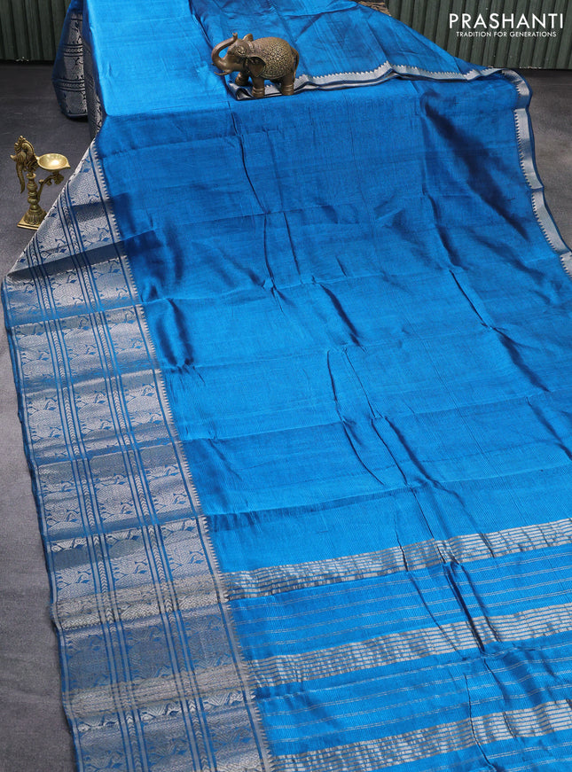 Mangalgiri silk cotton saree cs blue with plain body and long annam silver zari woven border