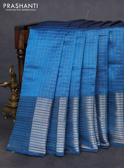 Mangalgiri silk cotton saree cs blue with allover zari woven checked pattern and long silver zari woven border