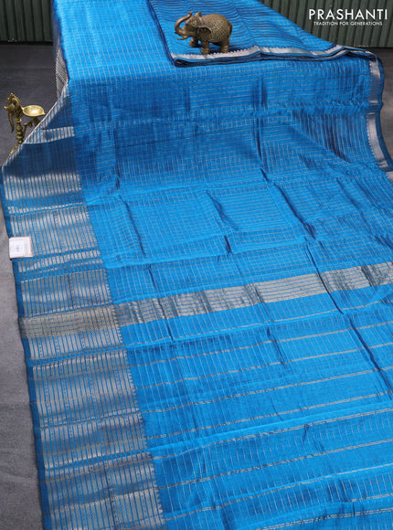 Mangalgiri silk cotton saree cs blue with allover zari woven checked pattern and long silver zari woven border