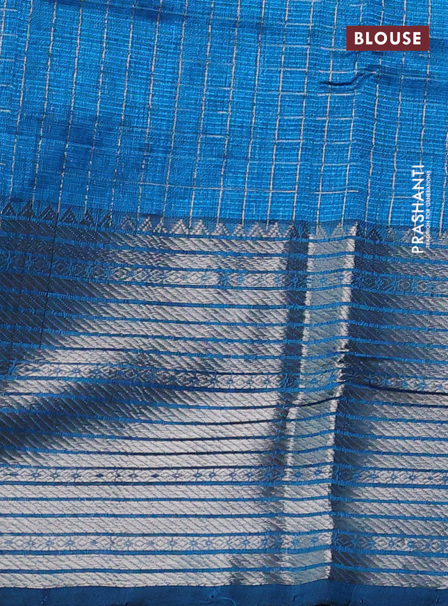Mangalgiri silk cotton saree cs blue with allover zari woven checked pattern and long silver zari woven border