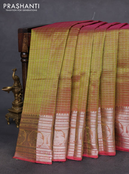 Mangalgiri silk cotton saree dual shade of mehendi greenish pink with allover zari woven checked pattern and annam silver zari woven border