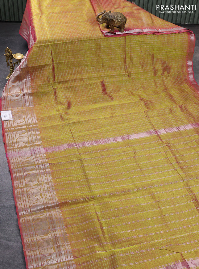 Mangalgiri silk cotton saree dual shade of mehendi greenish pink with allover zari woven checked pattern and annam silver zari woven border