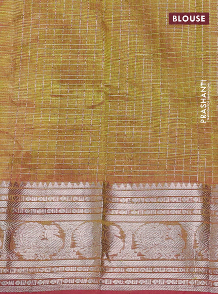 Mangalgiri silk cotton saree dual shade of mehendi greenish pink with allover zari woven checked pattern and annam silver zari woven border