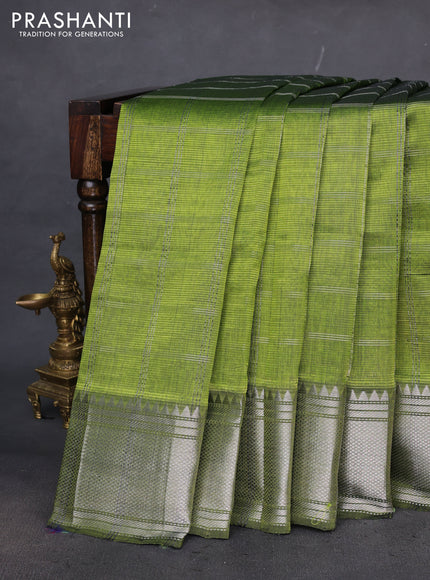 Mangalgiri silk cotton saree light green with allover silver zari woven checked pattern and silver zari woven border