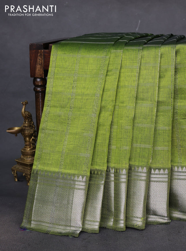 Mangalgiri silk cotton saree light green with allover silver zari woven checked pattern and silver zari woven border