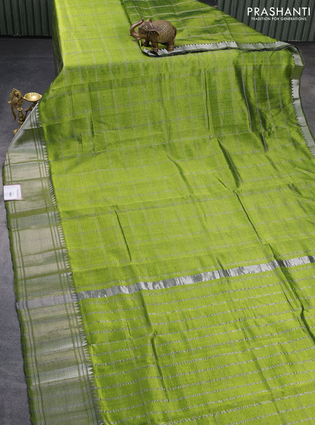 Mangalgiri silk cotton saree light green with allover silver zari woven checked pattern and silver zari woven border