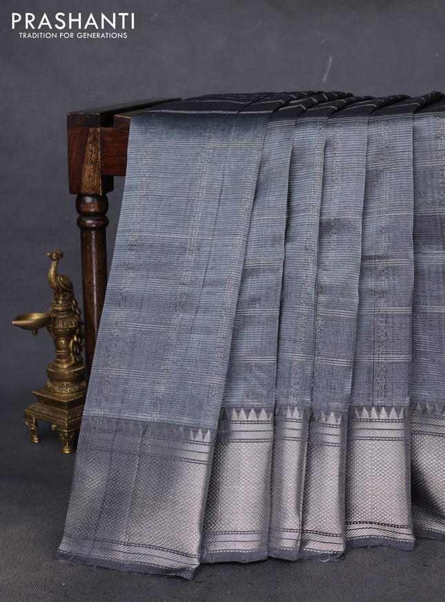 Mangalgiri silk cotton saree grey with allover silver zari woven checked pattern and silver zari woven border