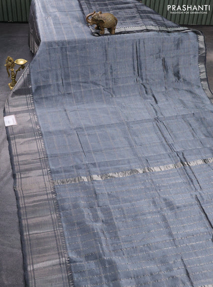 Mangalgiri silk cotton saree grey with allover silver zari woven checked pattern and silver zari woven border