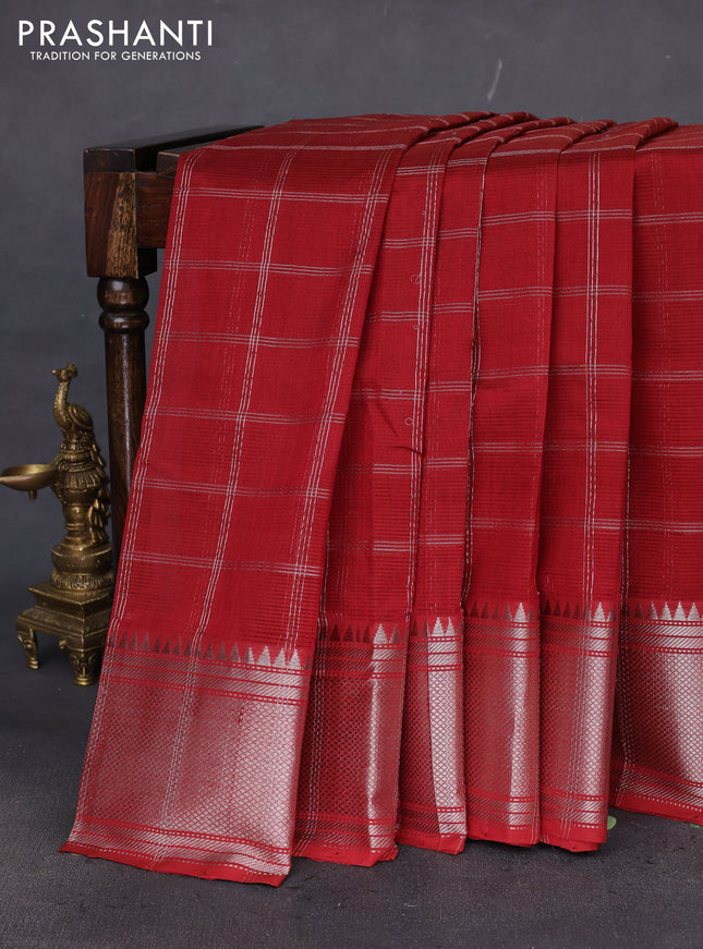 Mangalgiri silk cotton saree maroon with allover silver zari woven checked pattern and silver zari woven border