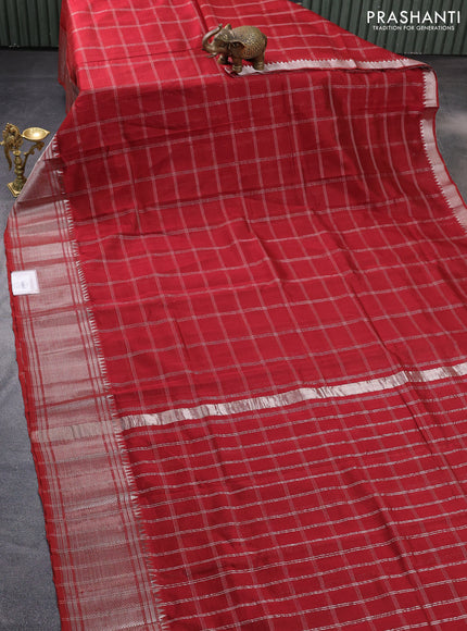 Mangalgiri silk cotton saree maroon with allover silver zari woven checked pattern and silver zari woven border