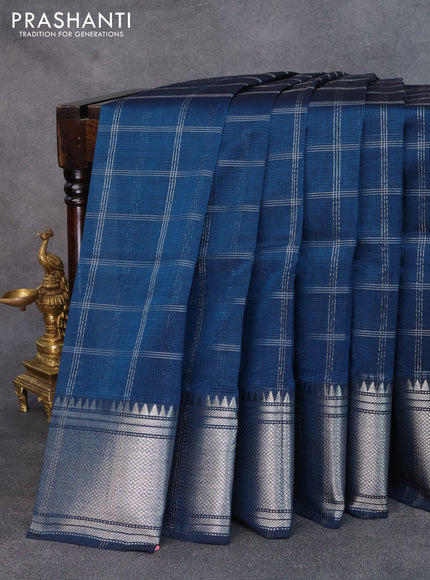 Mangalgiri silk cotton saree peacock blue with allover silver zari woven checked pattern and silver zari woven border