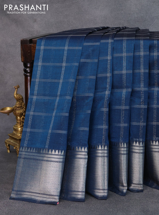 Mangalgiri silk cotton saree peacock blue with allover silver zari woven checked pattern and silver zari woven border