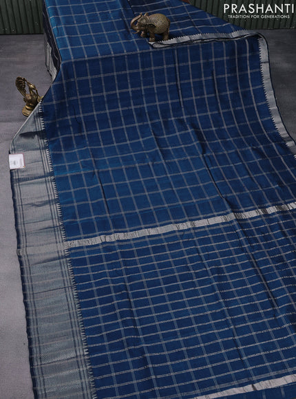 Mangalgiri silk cotton saree peacock blue with allover silver zari woven checked pattern and silver zari woven border