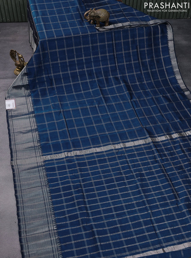Mangalgiri silk cotton saree peacock blue with allover silver zari woven checked pattern and silver zari woven border