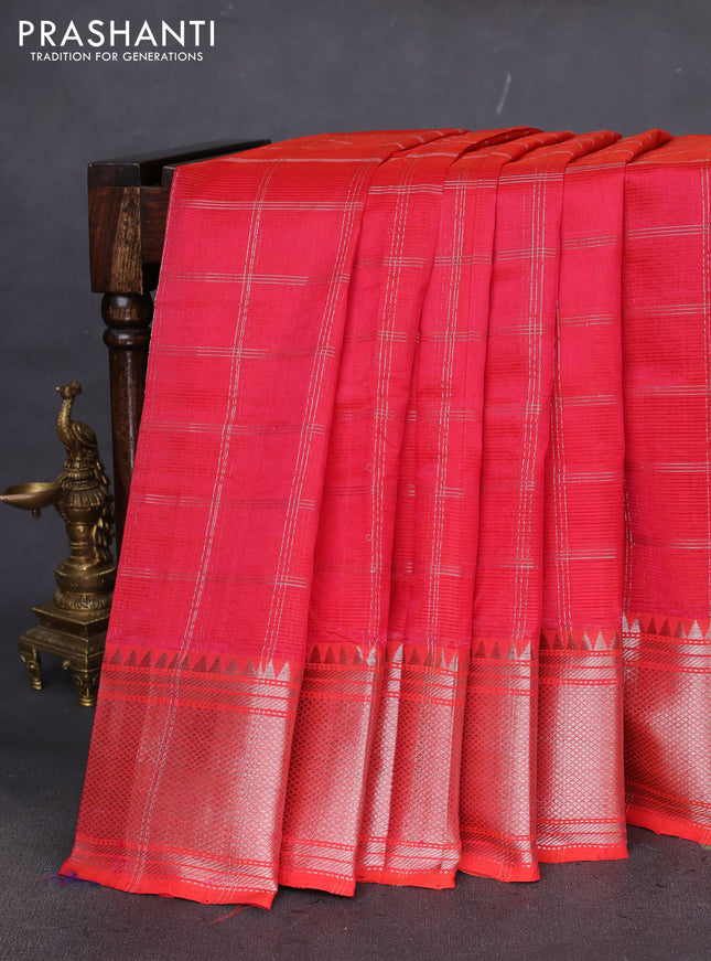 Mangalgiri silk cotton saree dual shade of pink with allover silver zari woven checked pattern and silver zari woven border